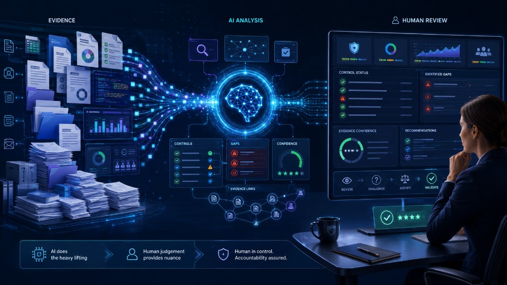 Infographic showing the agentic assurance workflow from evidence ingestion through AI analysis to human review, with review, challenge, justify, and validate steps