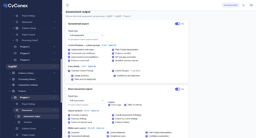 CyConex assessment output configuration for report exports