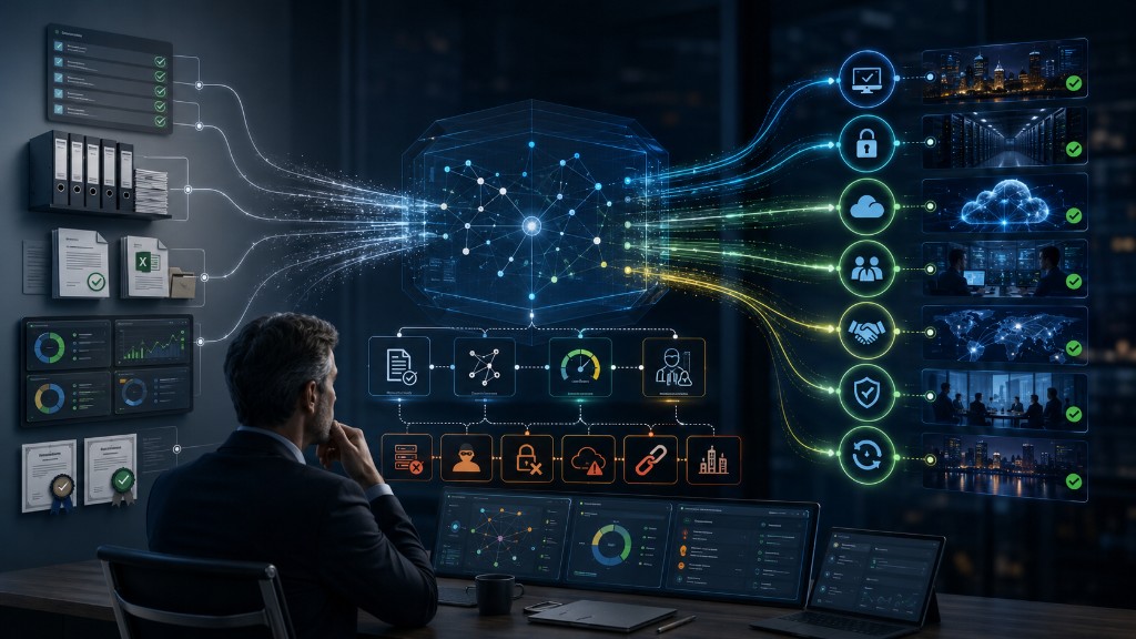 Assessor reviewing a holographic flow from fragmented compliance evidence through CyConex risk logic to verified business outcomes