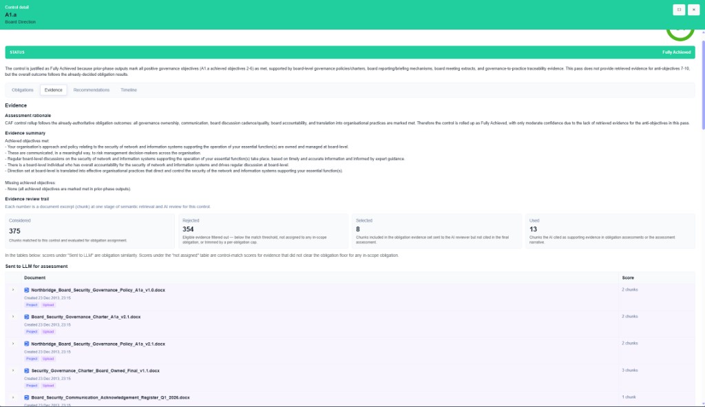 CyConex control detail evidence tab with AI review trail and cited document chunks
