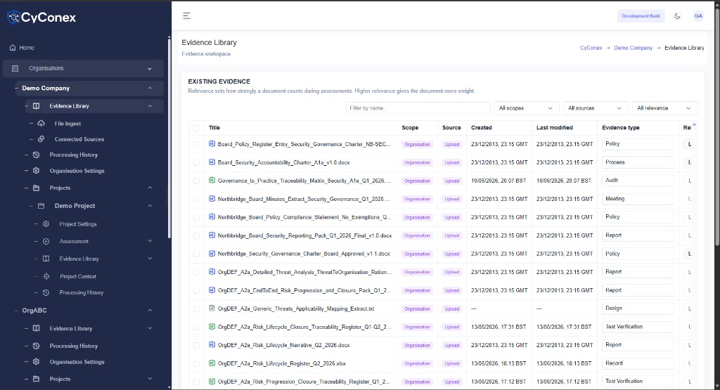 CyConex evidence library with document ingest