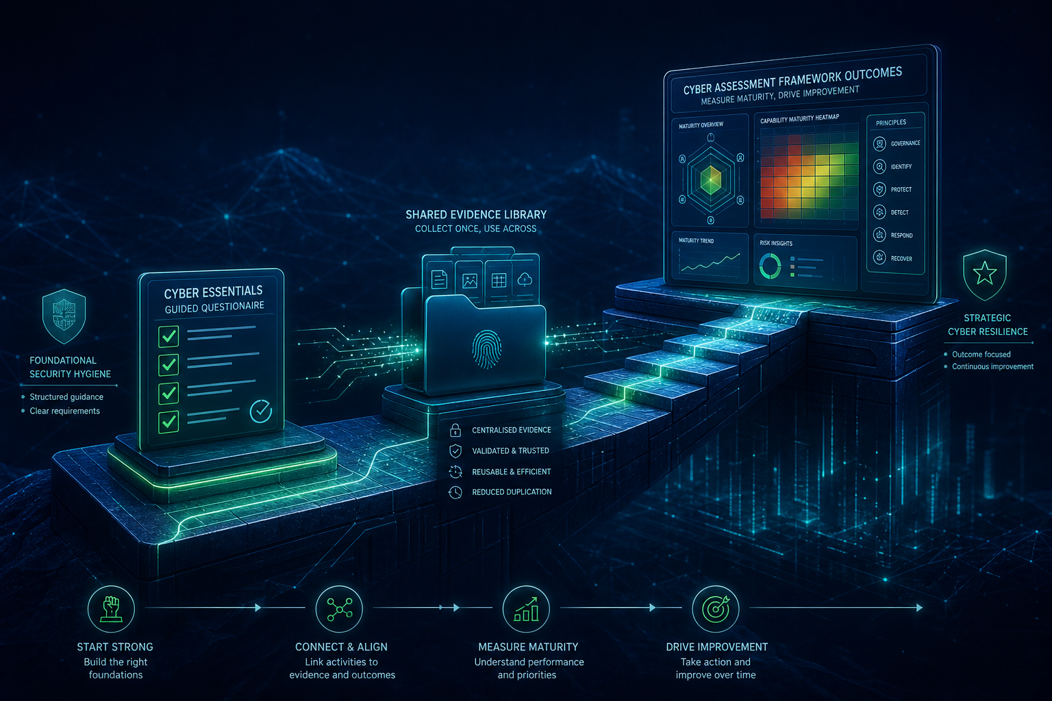 Illustration of a maturity path from Cyber Essentials to NCSC CAF on one shared evidence platform