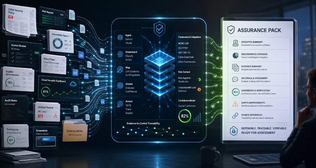 Scattered cyber security evidence sources flowing into a structured, assessment-ready CyConex Assurance Pack