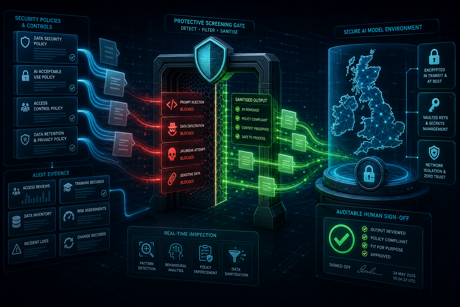 Illustration of security evidence screened and sanitised before reaching a secure UK-hosted AI model