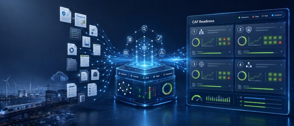 Illustration of CyConex CAF readiness workflow: evidence and critical infrastructure data flowing through a processing hub to a CAF Readiness dashboard showing objectives A through D