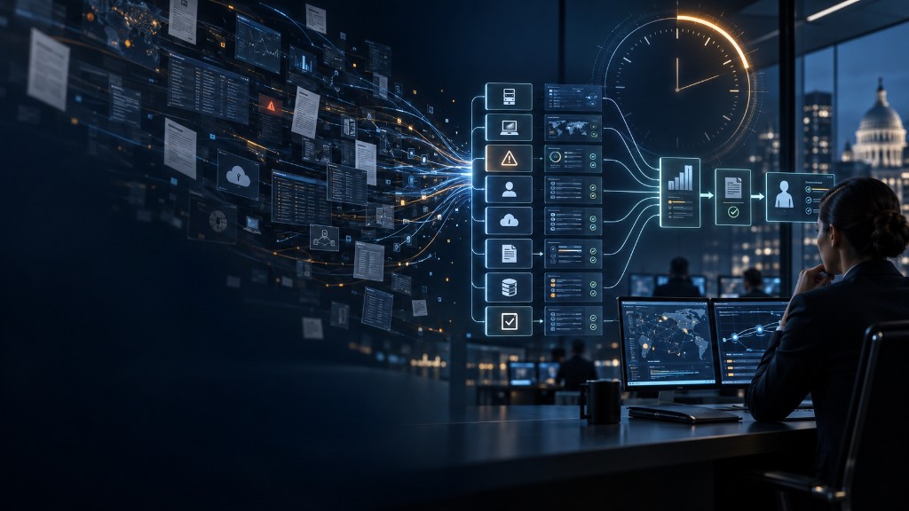Analyst in a night-time command centre with a holographic evidence pipeline turning fragmented cyber data into a timed, decision-ready assurance report