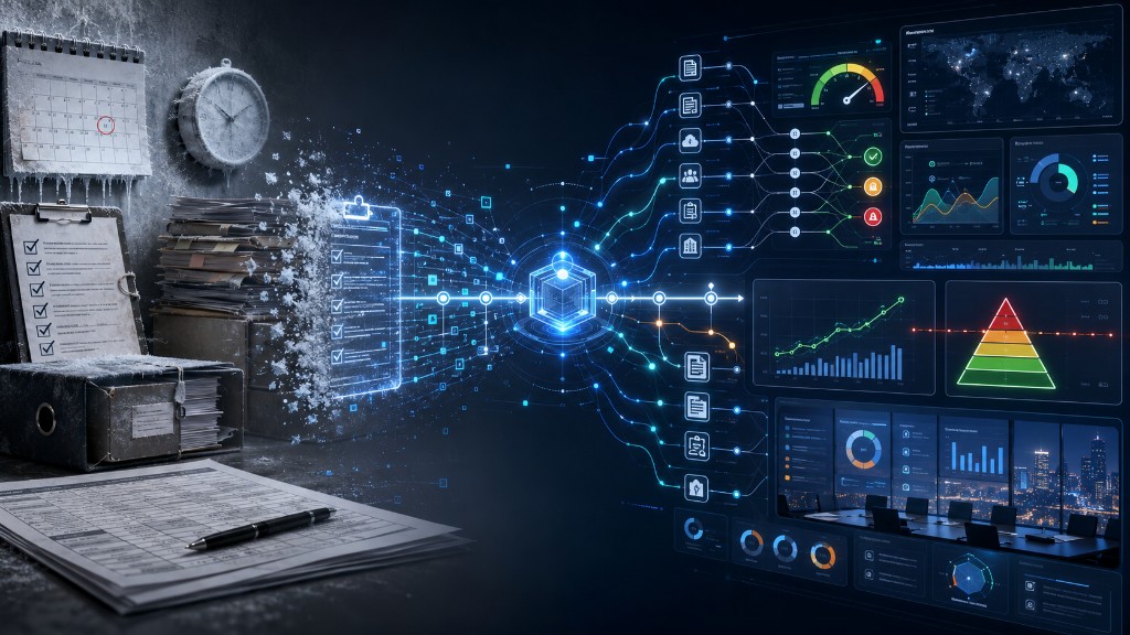 Frozen paper-based audit records transforming into a live, continuous cyber assurance dashboard