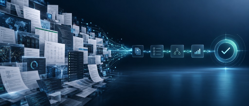 Illustration of chaotic cyber evidence documents flowing through an analysis pipeline into a verified assurance checkmark